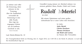 Traueranzeige von Rudolf Mertel von Pegnitz-Zeitung